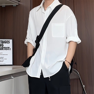 C9040/P35衬衫冰丝短袖宽松男生上衣衬衣男衬衫七分袖可调节图片