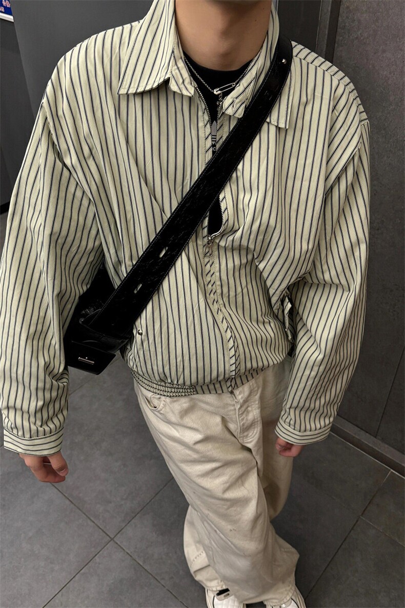 设计感拉链衬衫外套小众条纹冷淡系衬衣夹克JK009特P65,男装夹克,星座908-1