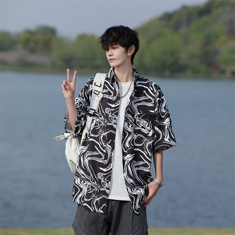 wassuphappy水墨短袖衬衫男夏季薄款潮牌高级感衬衣宽松休闲外套,男装衬衫,星座109-1