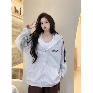 EE045-P65卫衣男女情侣装薄款2024潮条纹拉链开衫外套连帽上衣图片