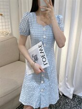 DINOBIENS【现货】夏季新款韩系方领格子连衣裙，女装连衣裙，迪诺比亚