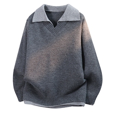 重磅北极绒假两件衬衫领毛衣美式高街复古休闲慵懒纯色翻领针织衫，男装针织衫/毛衣，电商A486-1