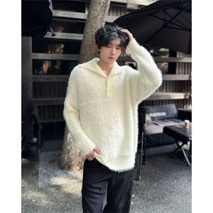 秋冬款水貂毛Polo翻领毛绒上衣男款宽松休闲百搭杏色保暖针织毛衣图片