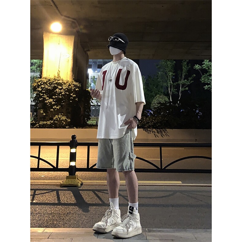 B221美式ins高街暗黑拉链休闲牛仔短裤五分裤LK23082-P50控68,男装牛仔裤,电商B221
