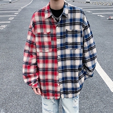 美式复古格子衬衫男女毛边2024新款百搭拼色长袖衬衣外套C1499，男装衬衫，星座601-2