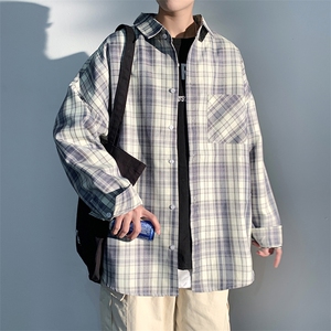 2025春新款潮流港风设计感大码休闲外套男撞色格子衬衫C3303-P40图片