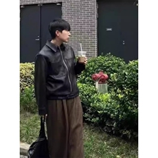 千鸟格内里皮衣外套男美式高街霜冻裂纹pu皮猎装夹克LJK85633-p82，男装皮衣，星座1008