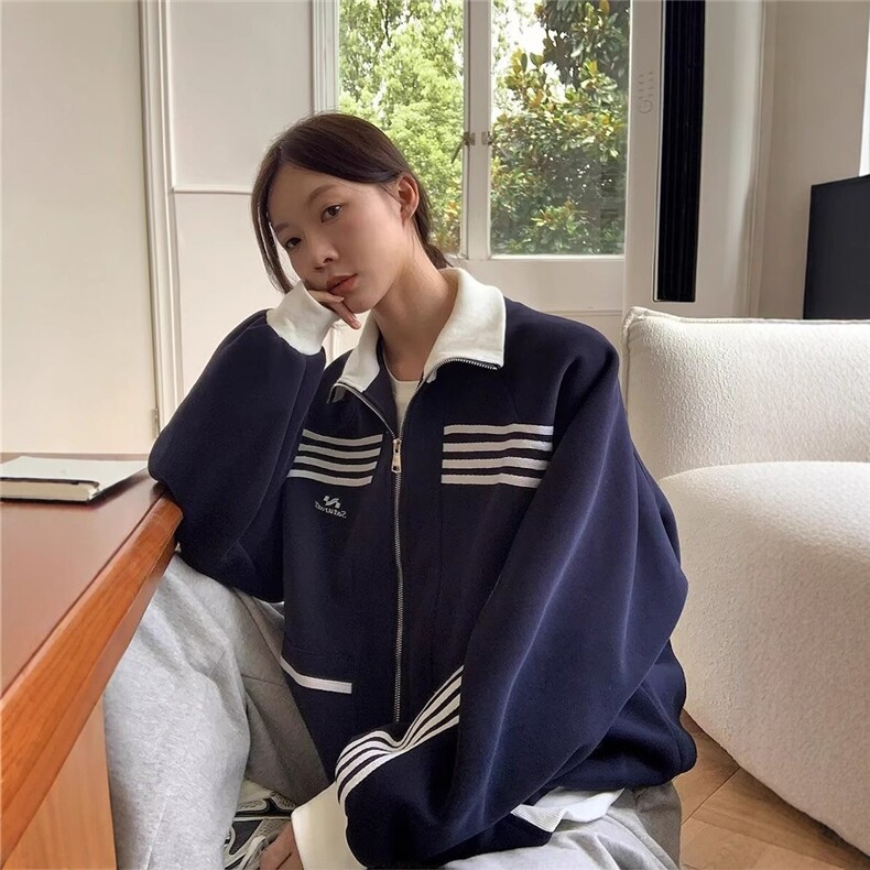 美式复古立领条纹运动外套男潮牌休闲棒球服百搭卫衣JK1420,女装短外套,星座516A
