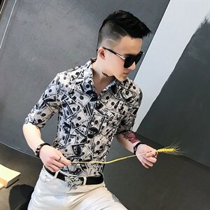 312A-907-P50 社会小伙美元衬衫夏季欧美风修身五分袖印花衬衫图片