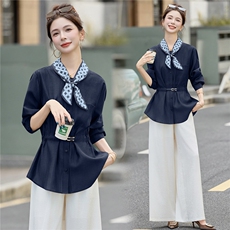 现货2025设计感纯色新款显瘦减龄时尚气质百搭两件套配丝巾，女装套装/套裙，韩宇舍