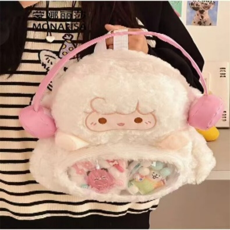 耳机款小羊可爱精品毛绒背包双肩包，雪光毛绒玩具