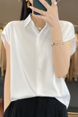 黑色重磅衬衫女2024年夏装新款纯色缎面职业装无袖小衫，女装衬衫，朝贺羊绒