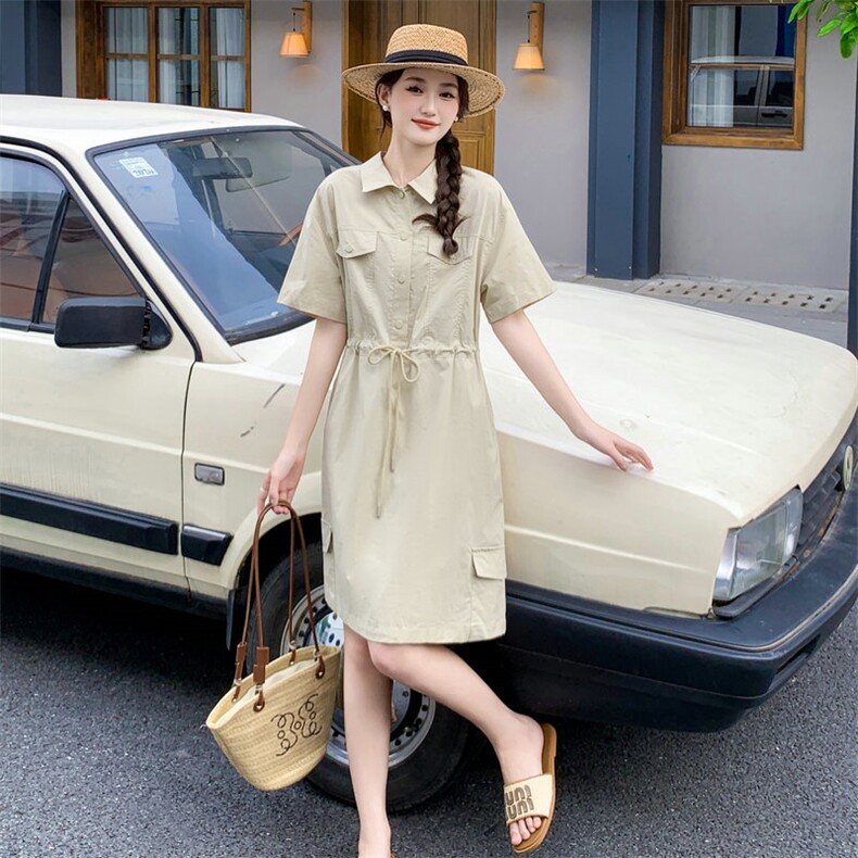 《现货48H发》气质翻领高腰抽绳连衣裙，女装连衣裙，MQ