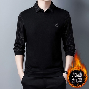 新款2022男士长袖毛衣加绒款冬季打底衫假两件中年休闲男装上衣图片