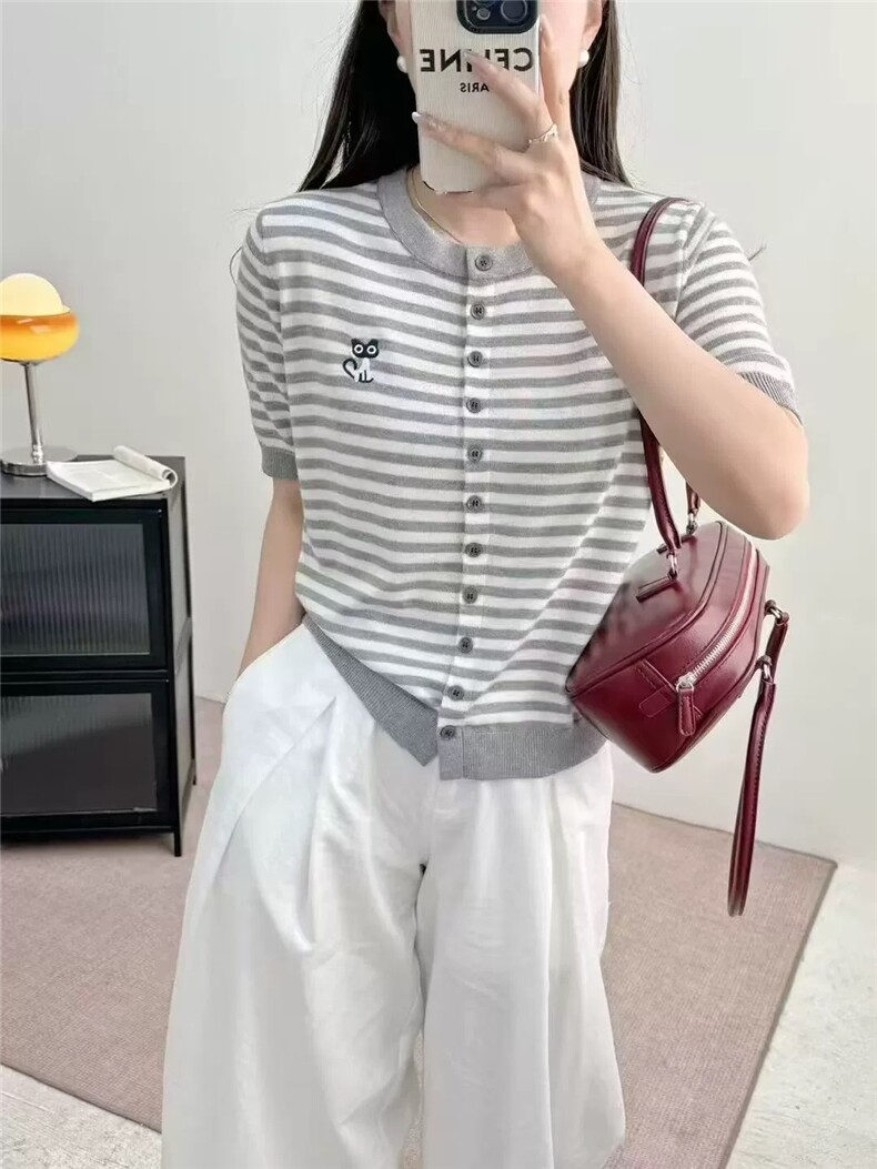 夏季圆领条纹针织短袖开衫女猫咪刺绣宽松半袖T恤上衣百搭打底衫,女装T恤,艾米娇羊绒