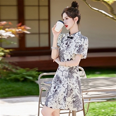 夏季新款优雅修身显瘦中式印花旗袍连衣裙，女装连衣裙，大掌柜