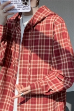 连帽格子衬衫男春季宽松大码慵懒风复古潮牌格纹休闲外套CS29011，男装衬衫，电商B312