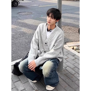 韩版高级感软糯灰色开衫毛衣男女春秋宽松慵懒风针织衫外套-M7355图片