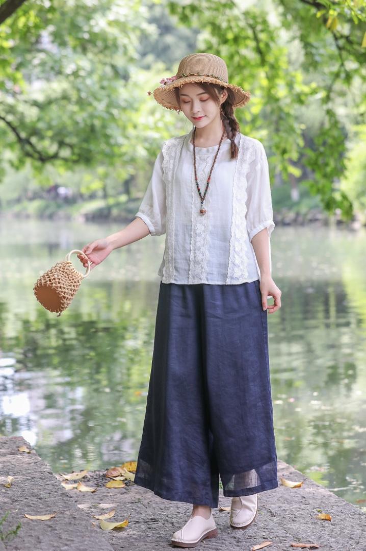【现货】夏季新款纯苎花边上衣+双层苎阔腿裤,女装其它,依鼎衣典