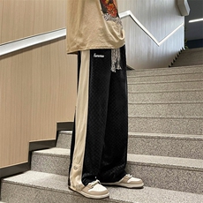 2022侧边排扣条纹拼接灯芯绒棋盘格宽松直筒休闲长裤Q557-p45，男装休闲裤，星座601-2