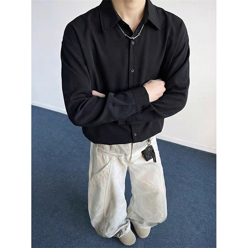 抖音得物品质二开26春装中性风冰丝休闲长袖衬衣垂感宽松上衣W88,男装衬衫,电商A486