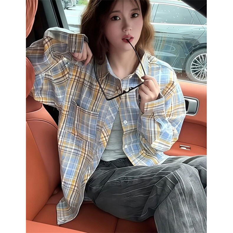轻奢纯棉格子衬衫女内搭叠穿宽松休闲显瘦长袖衬衣外穿C7763,男装衬衫,星座1116A（原606A-3）