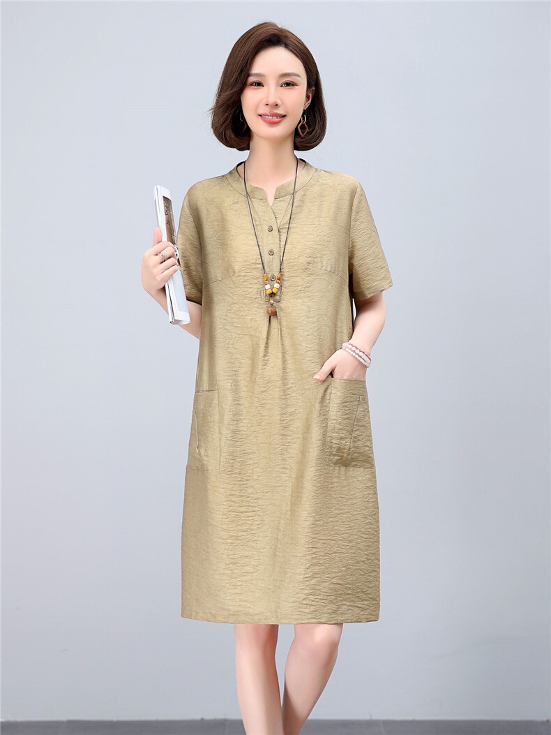 亚麻连衣裙女宽松收腰遮肚子气质立领薄款天丝棉麻中长款减龄裙子,女装连衣裙,涵誉