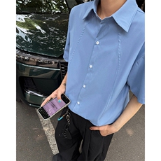 夏季潮牌高级感痞帅薄款休闲衬衫短袖男解构纯色短袖衬衫特P32，男装T恤，电商B319