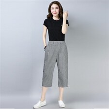 2025年夏季格子七分裤/九分裤直筒中腰布棉裤子格子气质百搭宽松，女装休闲裤，风姿绰