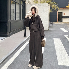 韩系毛领连帽卫衣阔腿裤套装女2025冬季新款加绒显瘦高级感两件套，女装套装/套裙，2C159