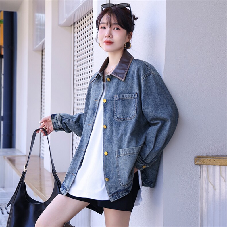 现货牛仔外套女宽松韩版上衣秋冬季新款撞色拼接水洗牛仔衣夹克潮，女装牛仔外套，美拉德工厂直营店