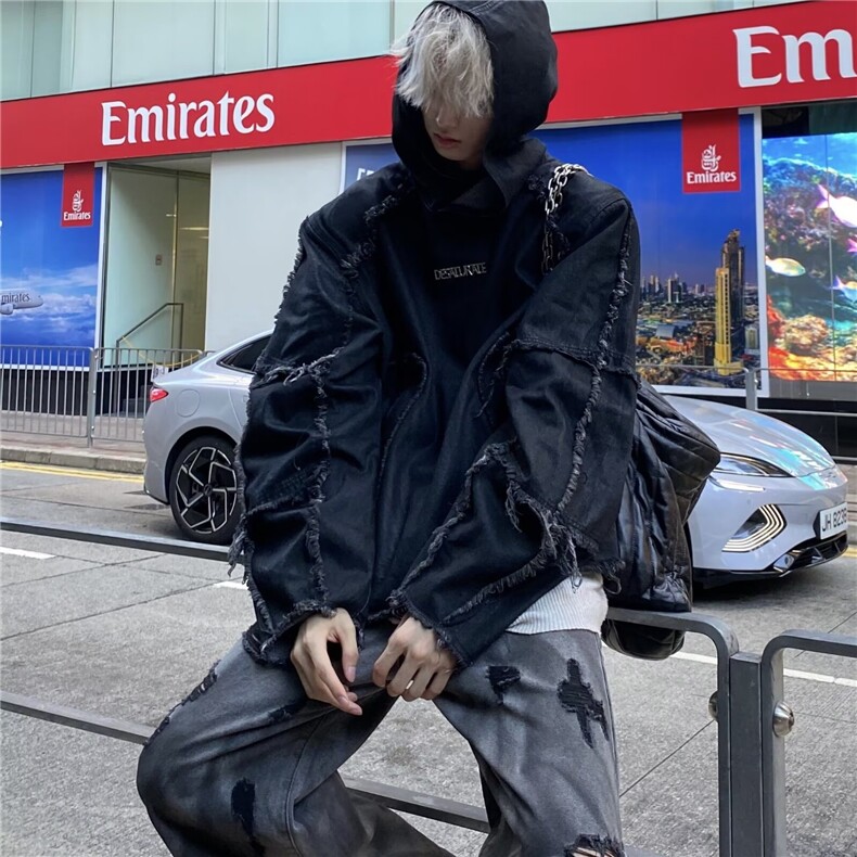 黑色设计感小众卫衣男秋冬潮牌连帽时尚炸街外套WJK33-P66,女装短外套,星座208-5