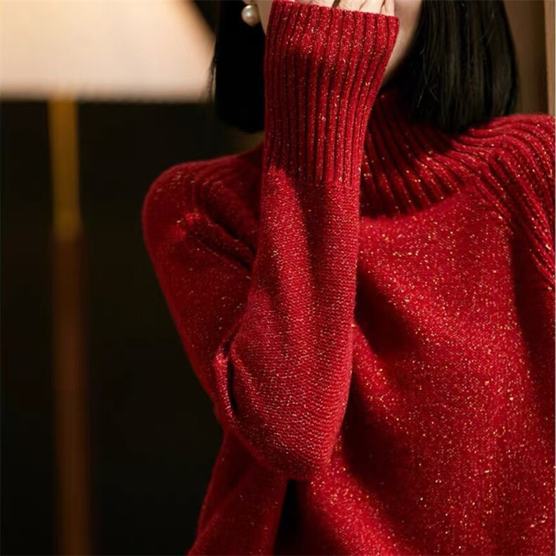 亮丝金豆纱羊绒衫女软糯保暖慵懒毛衣套头2025秋冬高领针织羊毛衫图片