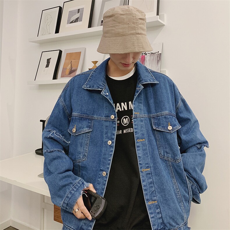 早春破洞外套in港风牛仔夹克宽松韩版百搭上衣D309-2Y,男装夹克,电商D321A