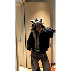 现货重磅硬挺boxy羽绒棉衣座山雕猫耳大毛毛领麂皮棉服冬外套，男装棉衣，电商A443