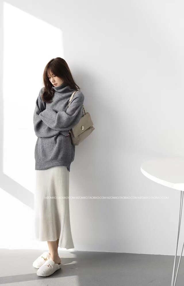 慵懒风q气质潮流高领毛衣女秋冬女装复古中长款宽松针织上衣,针织衫/毛衣,半城羊绒