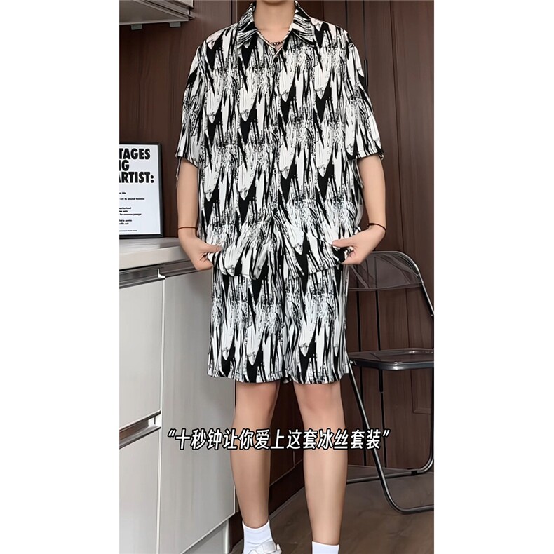 短袖衬衫男+短裤男套装男100%聚酯纤维M-5XL大码TZ78721P50控98,男装牛仔裤,星座226-1