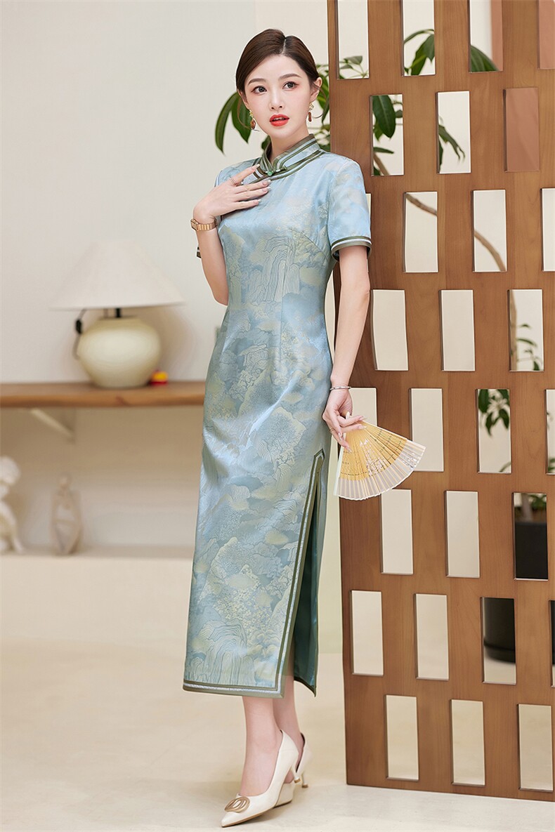 春夏季新款设计简约时尚大气长款专柜品质真丝提花旗袍连衣裙,女装汉服/婚纱/旗袍/礼服,小荷流