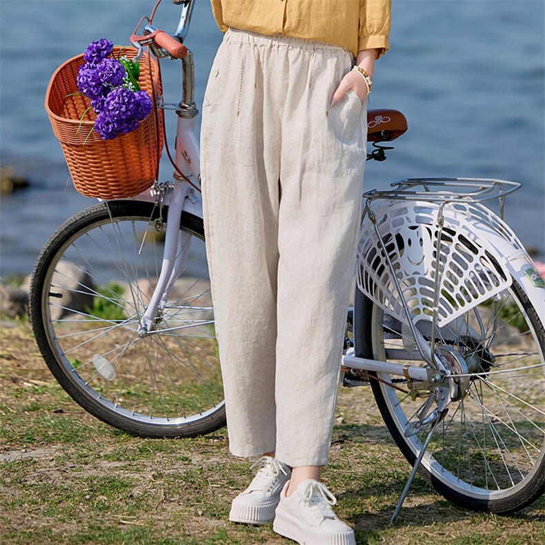 棉麻裤子女2025休闲透气长裤宽松薄款中年妈妈洋气减龄直筒女裤,女装休闲裤,涵誉