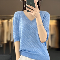时尚女装V领华夫格针织衫显瘦百搭短袖毛衣优雅气质上衣，女装针织衫/毛衣，大美人高端店