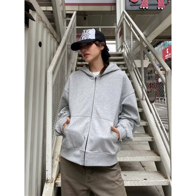 日系时尚原宿纯色灰色连帽卫衣280克外套新款慵懒潮流WYX69,女装短外套,星座516A