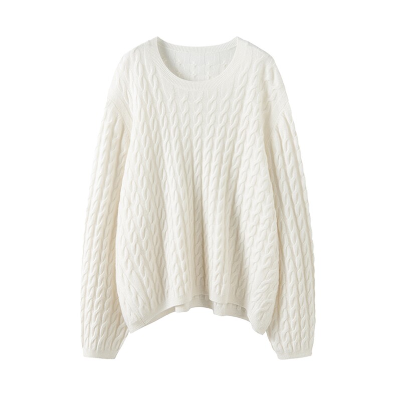 时尚百搭宽松麻花圆领羊绒衫，女装羊绒衫，东业羊绒
