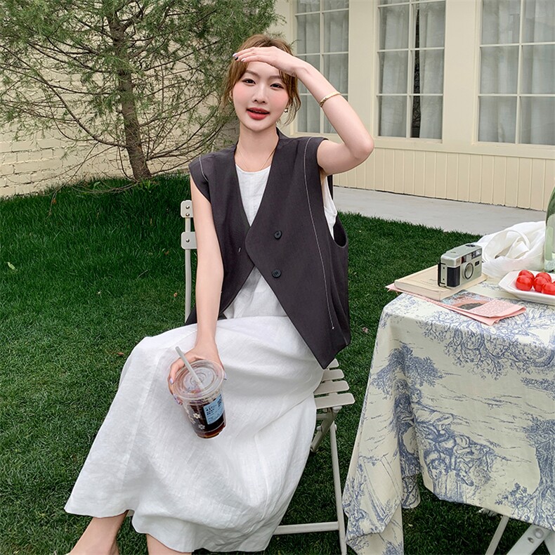 法式休闲慵懒连衣裙套装女夏季新款轻熟风韩系设计感马甲两件套,女装套装/套裙,2C108