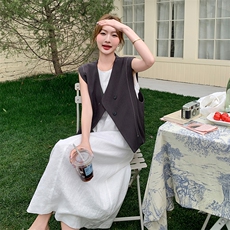 法式休闲慵懒连衣裙套装女夏季新款轻熟风韩系设计感马甲两件套，女装套装/套裙，2C108