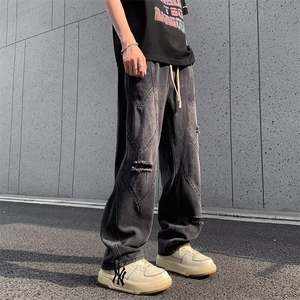 破洞牛仔裤男美式高街复古水洗做旧牛仔长裤痞帅直筒裤子N902-P50图片
