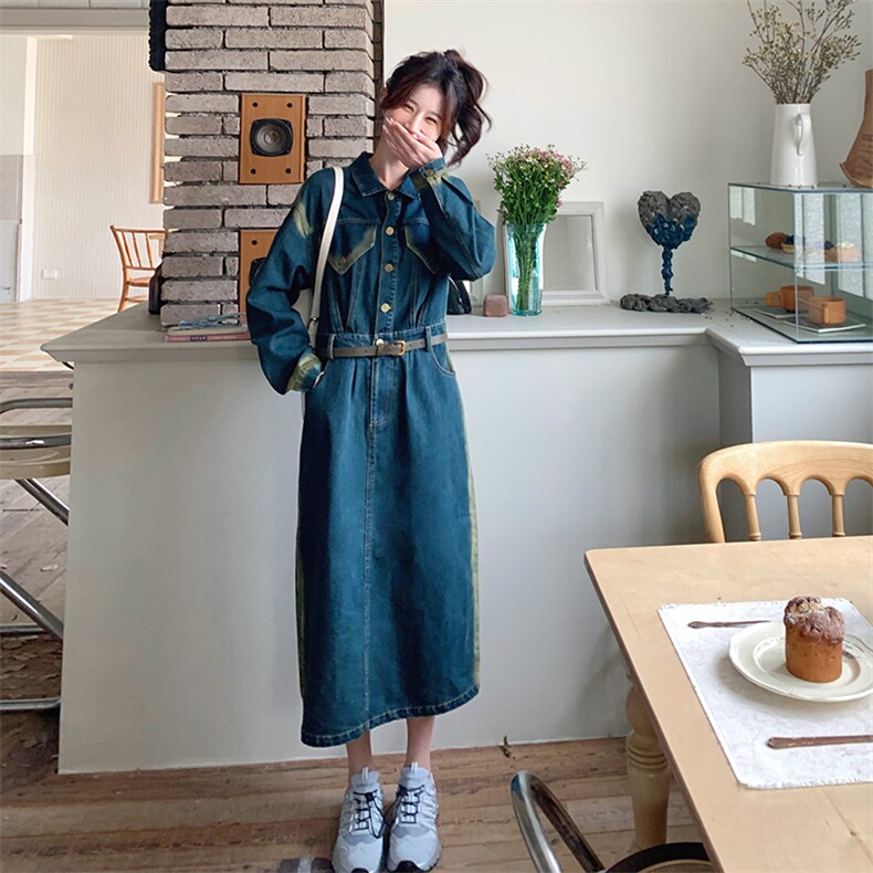 拼接牛仔连衣裙女2024春季新款小个子修身裙子衬衫裙,女装连衣裙,点滴