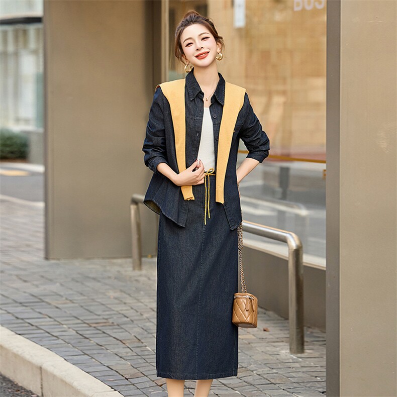 高级深蓝色牛仔裙套装女春秋2025新款韩系休闲披肩长袖衬衫中长裙,女装套装/套裙,采品优优