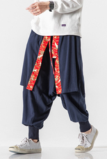 秋冬大码风仙鹤拼接棉麻裤汉服宋裤宽松休闲阔腿裤K113/P80，男装民族服装，钱塘713