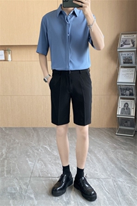 冰丝短袖衬衫男夏季韩版衬衣港风日系宽松大码五分袖寸衫九分短裤图片