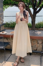 2024夏季新款韩版百搭时尚宽松连衣裙女无袖压褶显瘦背心长裙子潮，女装连衣裙，C位